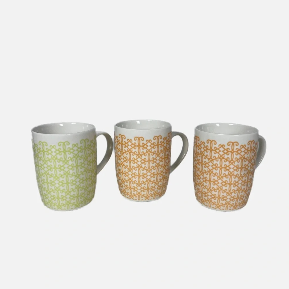 Starbucks Set of three Coffee Tea Mugs Geometric Pattern‎ 11 oz. Orange Green